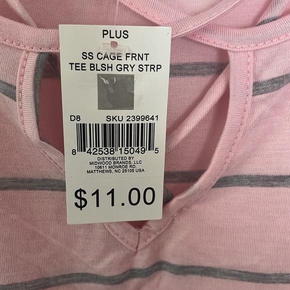 Women’s Plus Size Blush Pink/Gray Striped  Cage Front Short Sleeve T-Shirt - Picture 5 of 6
